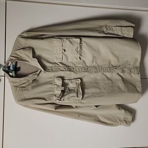 Eddie Bauer large long sleeve performance shirt beige pockets nylon fishing upf